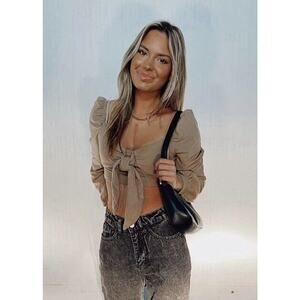 Fiestar Chic Tie Front Crop Top-Brown-Large